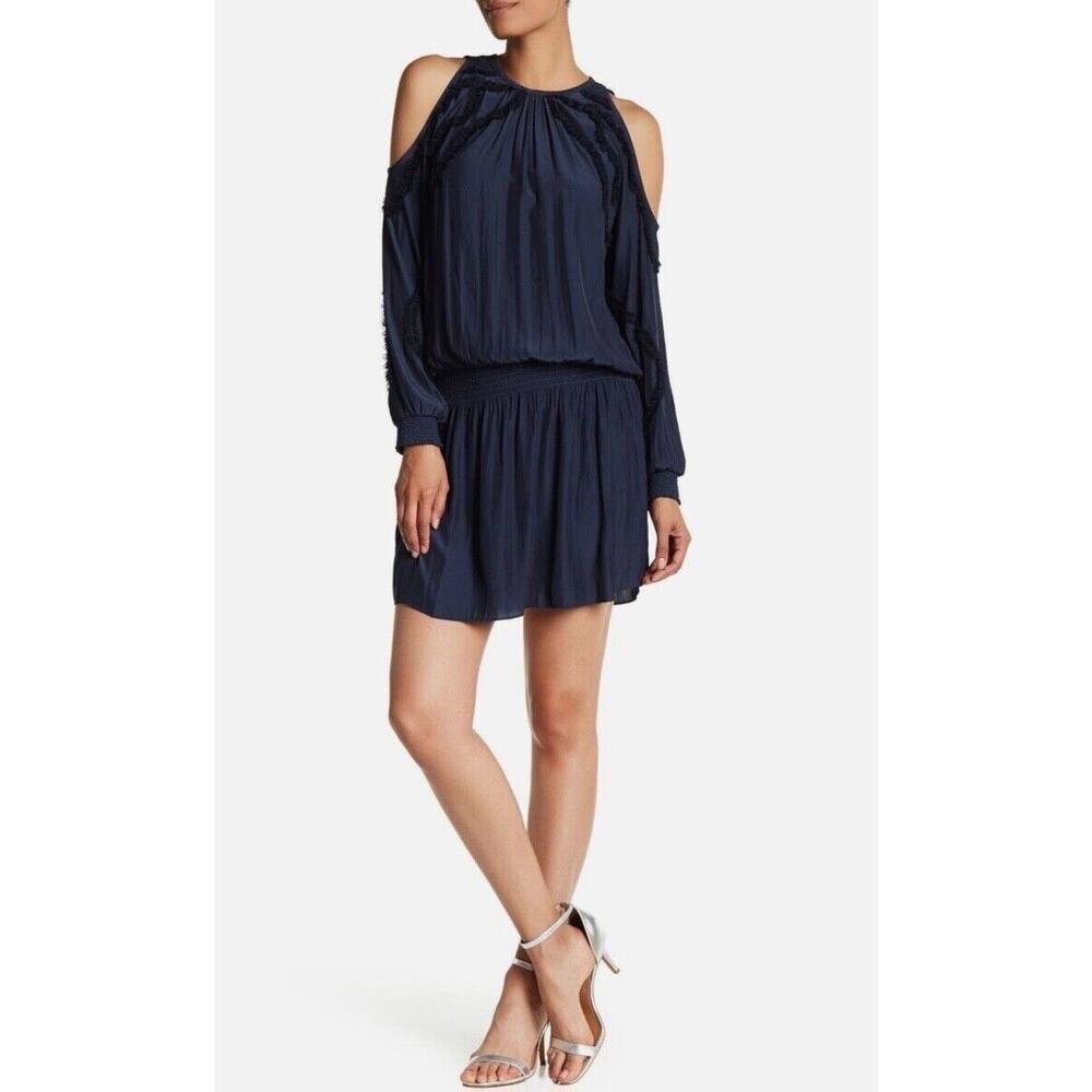 Ramy Brook Navy Taima Smocked Long Sleeve  Mini Dress Size Medium